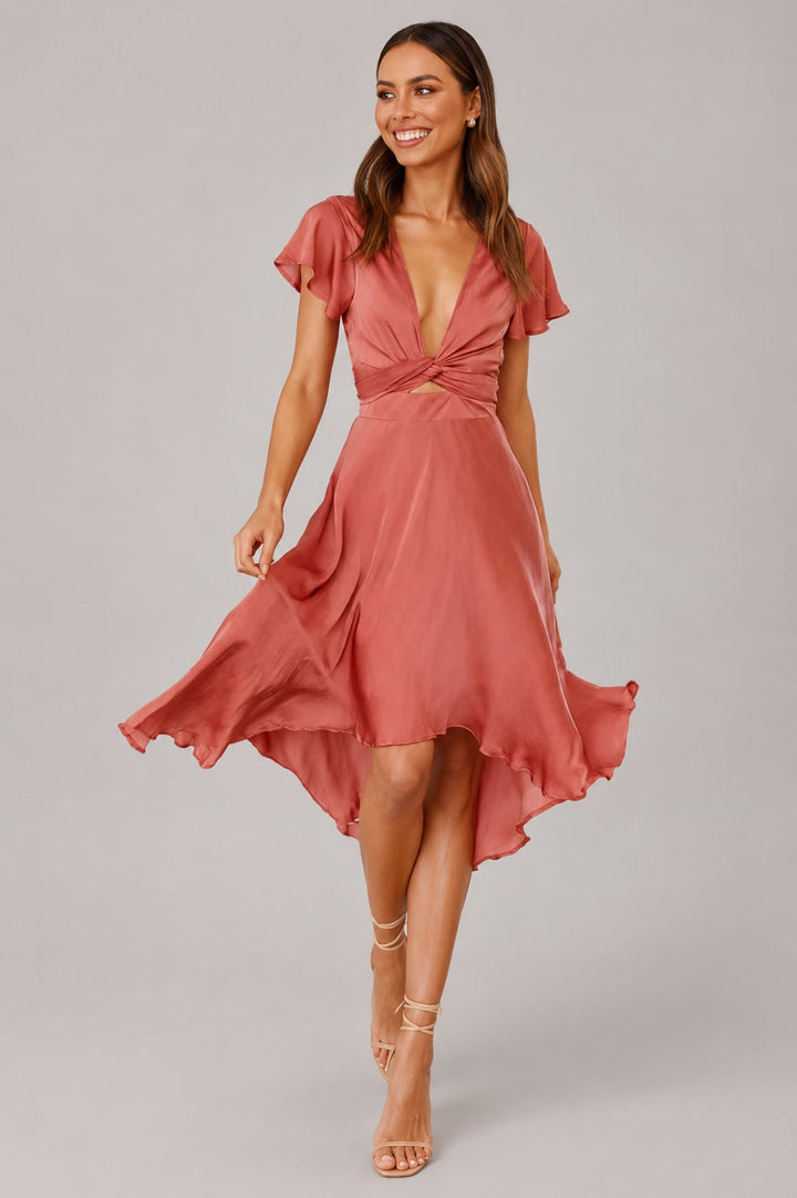 Women's Regular Fit Summer Dress - Deep V-Neck with Twist Waist & Flutter Sleeves