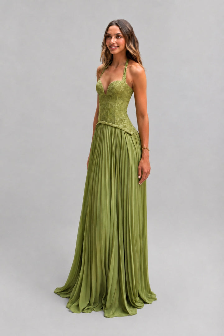 Elegant, flared women's dress | Olive-green maxi dress with thin straps, an embroidered bodice, and a pleated skirt
