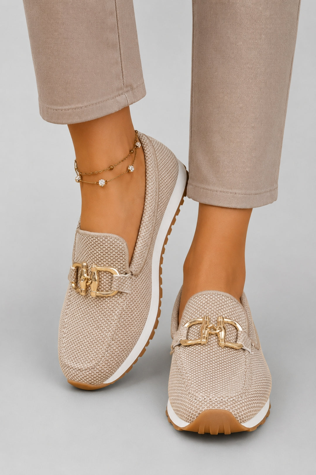 Women's moccasin with a comfortable fit | Gold buckle, platform sole, textured fabric