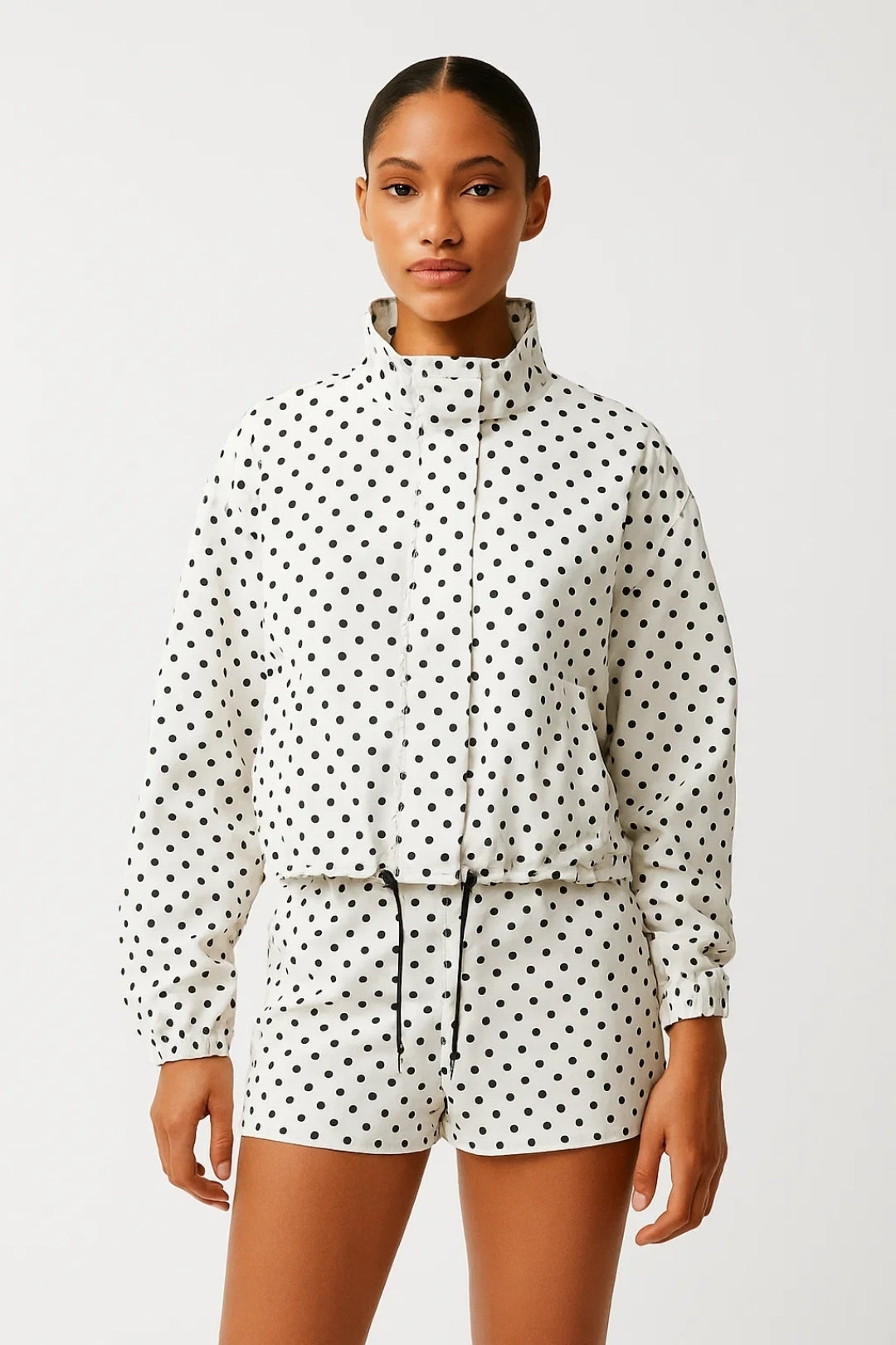 Women's Set in a Casual Style | Zipper Jacket with a Polka-Dot Pattern and Matching Casual Shorts