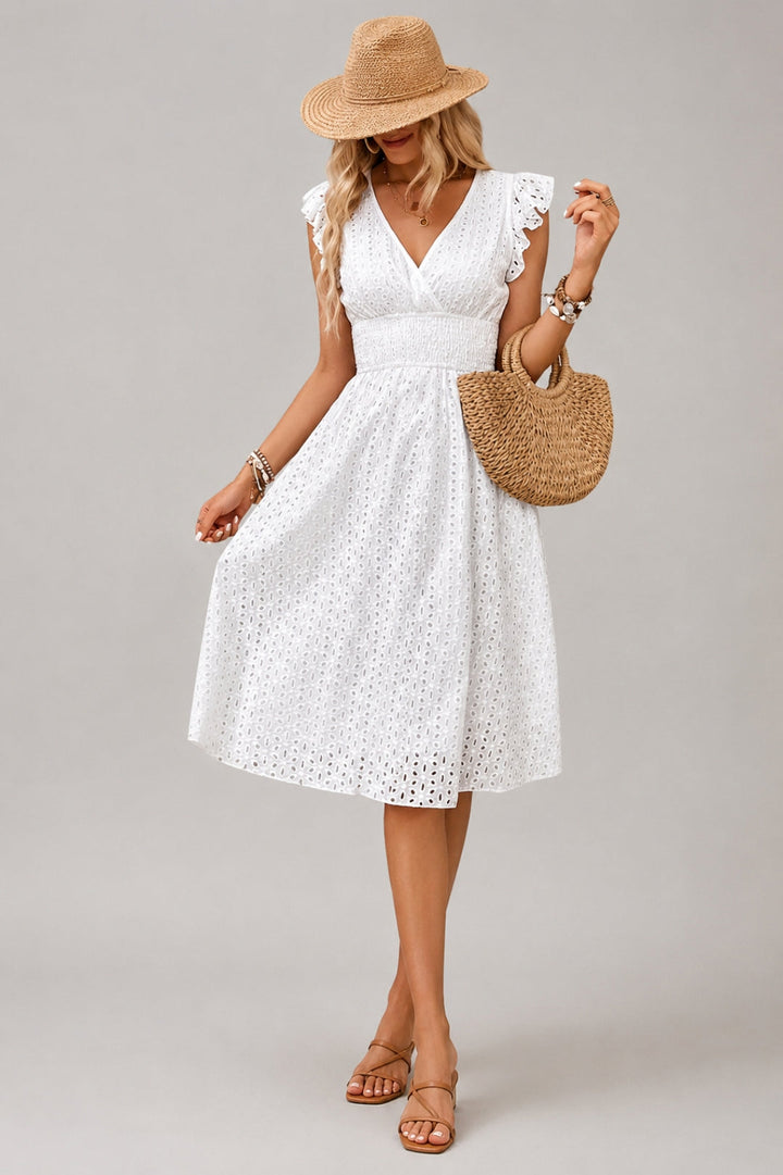 Women's Fitted Summer Dress - V-Neck with Eyelet Embroidery & Ruffle Sleeves