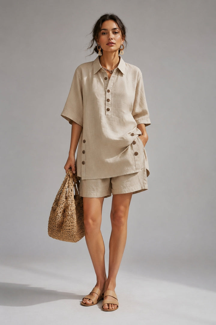 Women's Linen Oversized Shirt Set – Button-Up Top & Shorts, Casual Summer Outfit