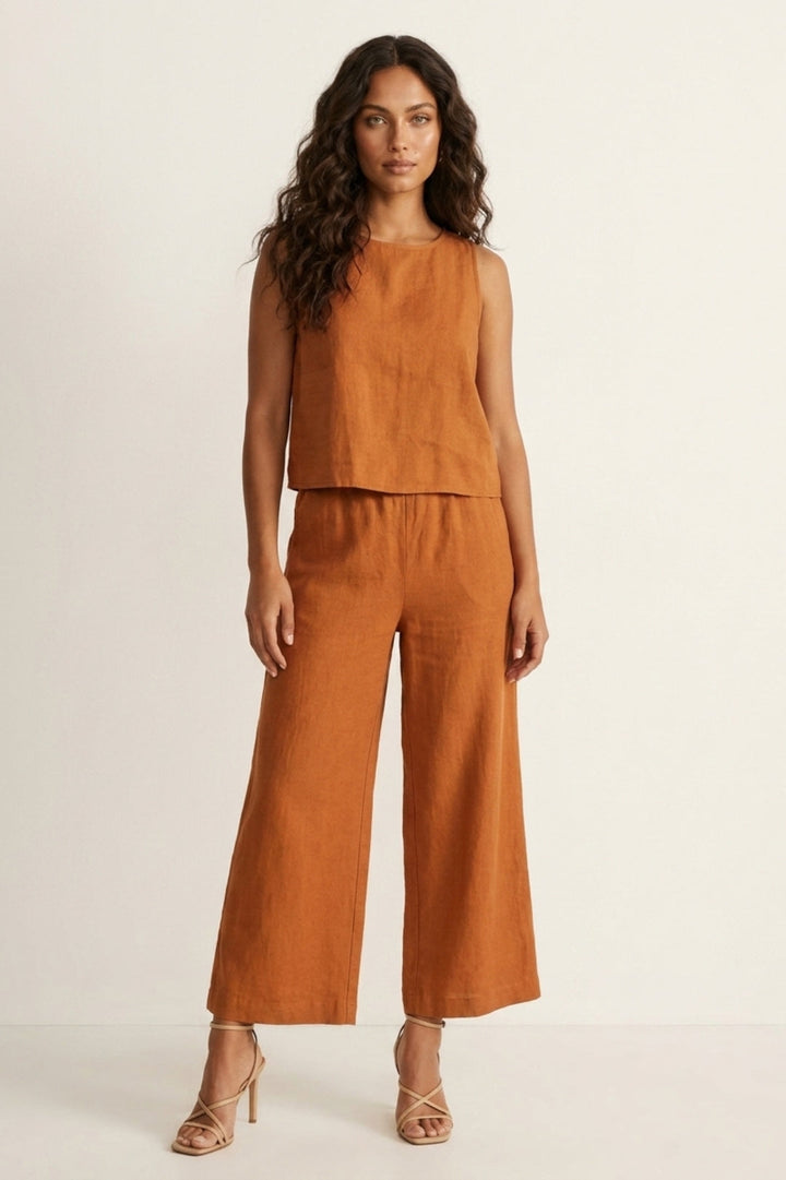Women's Linen-Look Two-Piece Set | Sleeveless Top & Wide-Leg Pants