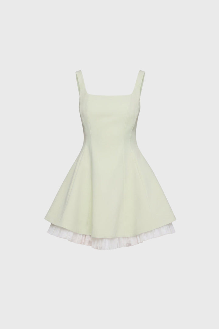 Short, flared dress for women | V-neck, wide straps, and romantic contrasting details