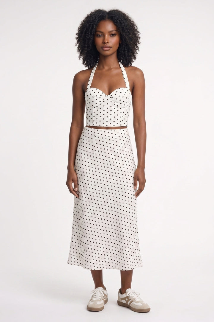 Women's Set with a Fitted Silhouette | Backless Crop Top and Retro Polka-Dot Midi Skirt