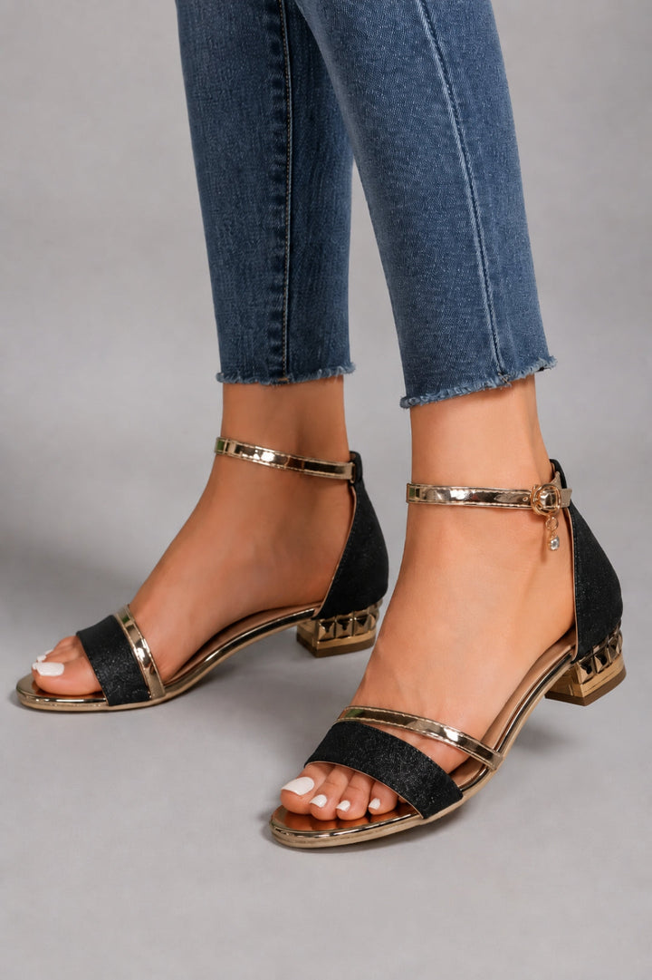 Women's Black Glamour Sandals | Gold Ankle Strap, Block Heel, Open Toe