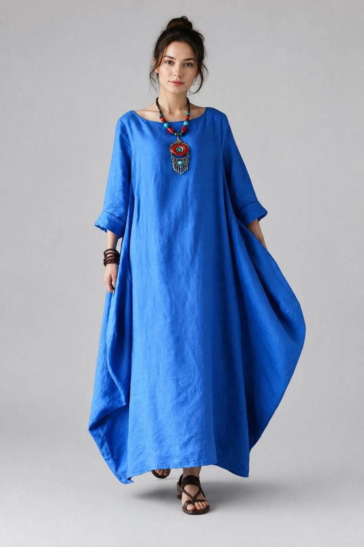Linen Maxi Dress Women Boho – Batwing Sleeves & Oversized Fit
