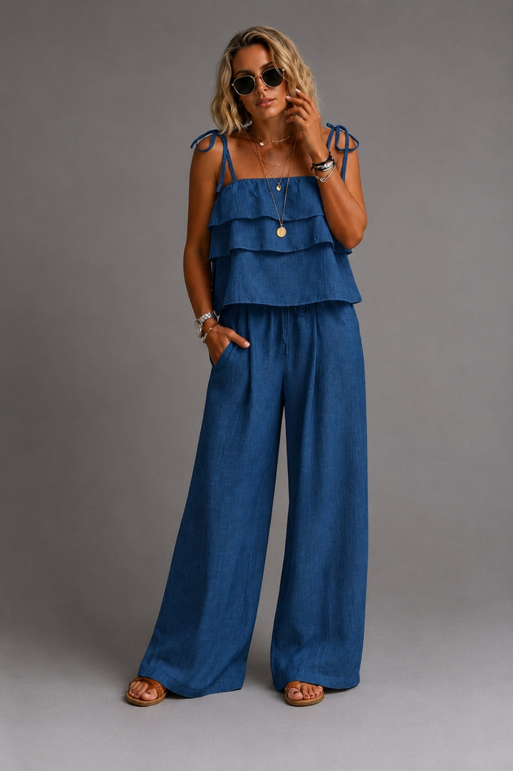 Women's Boho Linen Set – Ruffle Cami Top & Wide-Leg Pants, Summer Outfit