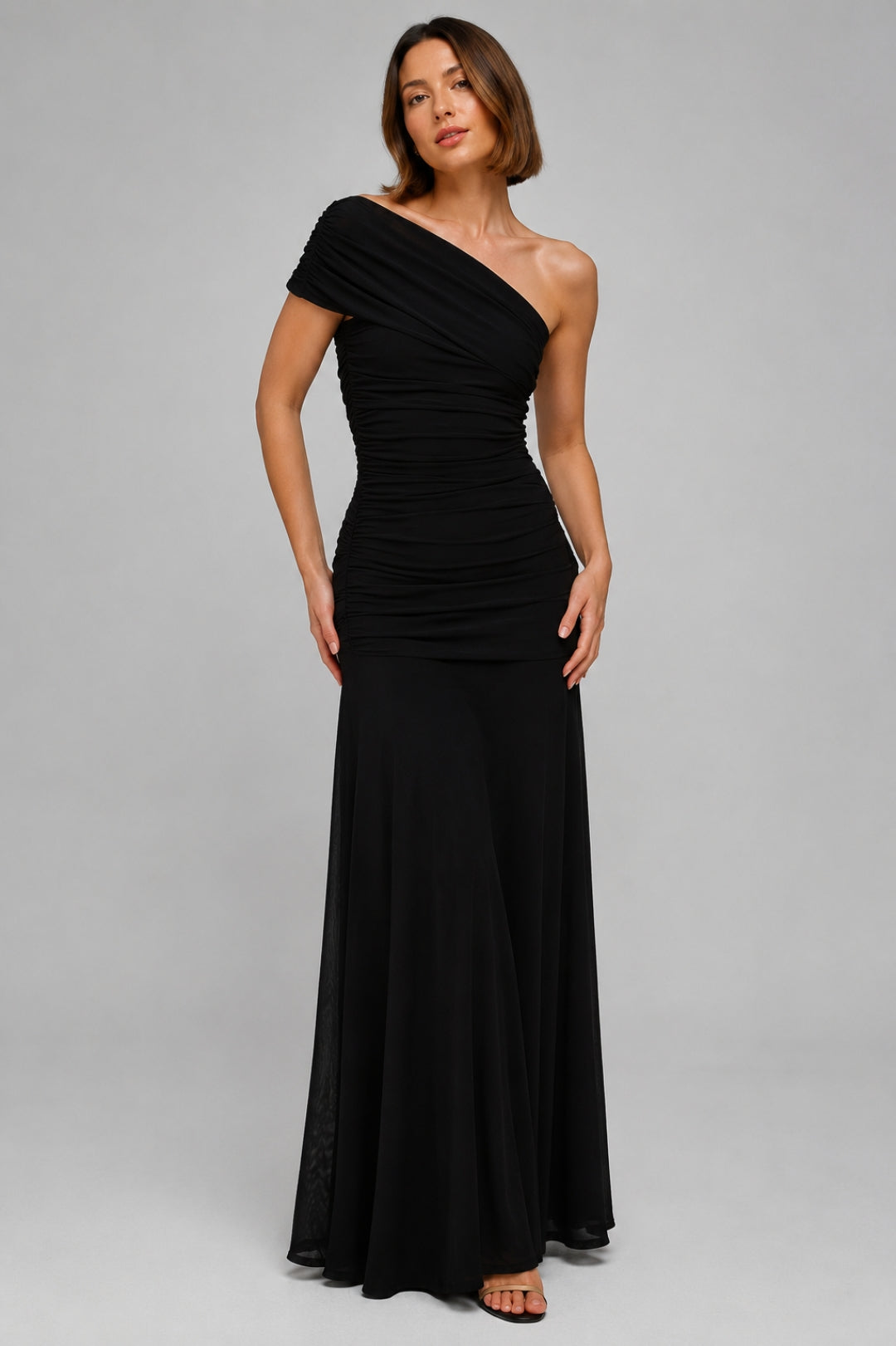 Women's Coral One-Shoulder Maxi Dress | Ruched Drape, Bodycon Silhouette