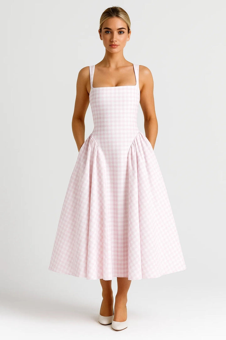 Women's Midi Dress - Plaid Print with Cinched Waist - Light Pink