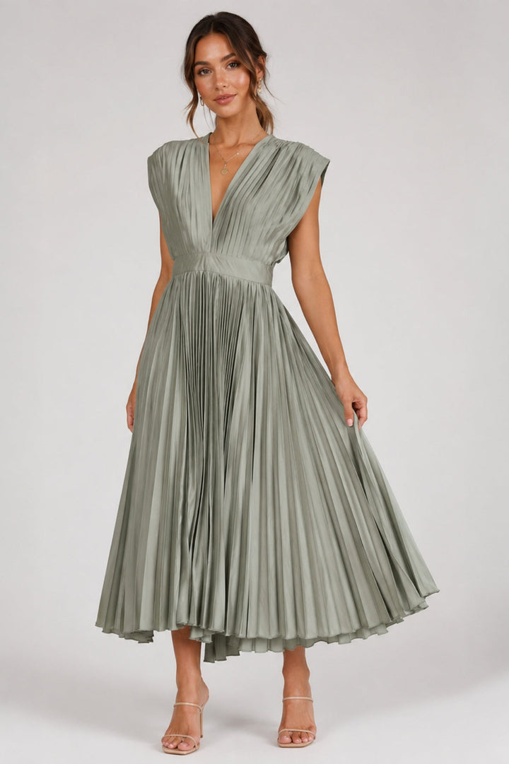 Women's Elegant Pleated Midi Dress | V-Neck, Fit & Flare, Wedding Guest