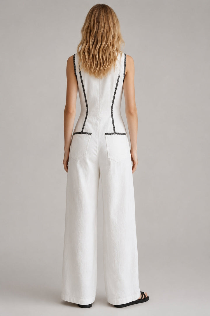 Linen Jumpsuit Women Sleeveless – Button Placket & Cargo Pockets