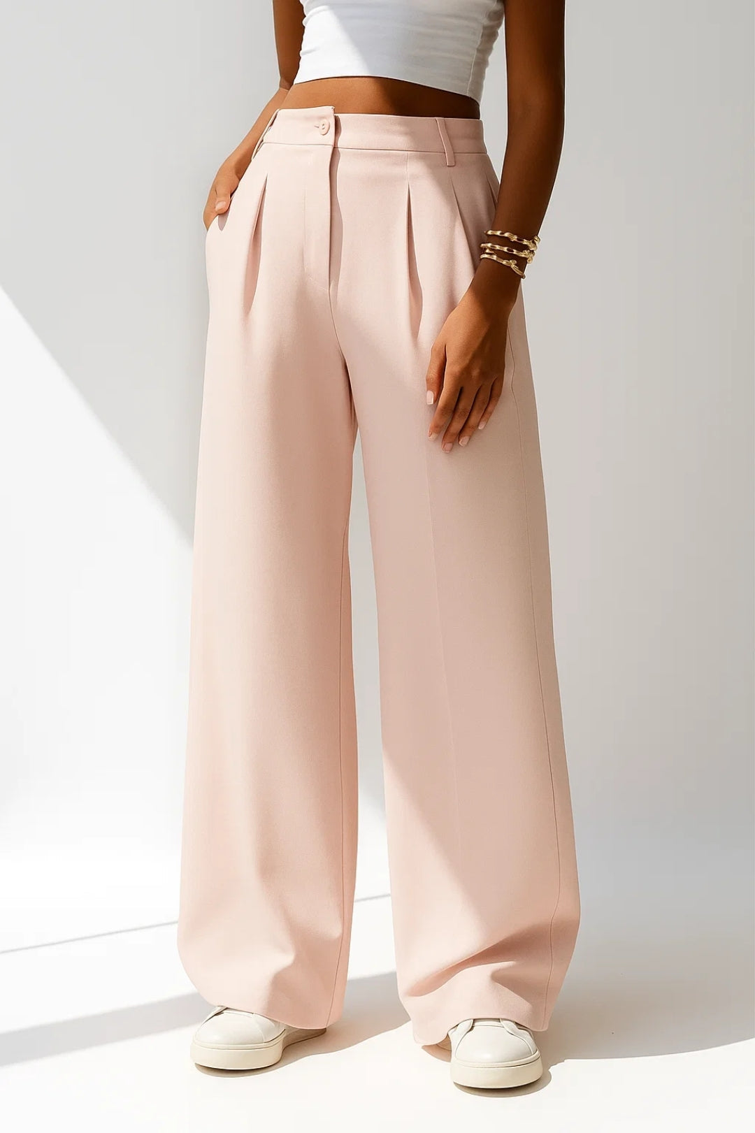 Women's High Waisted Wide Leg Pants - Rose Pink Casual Trousers