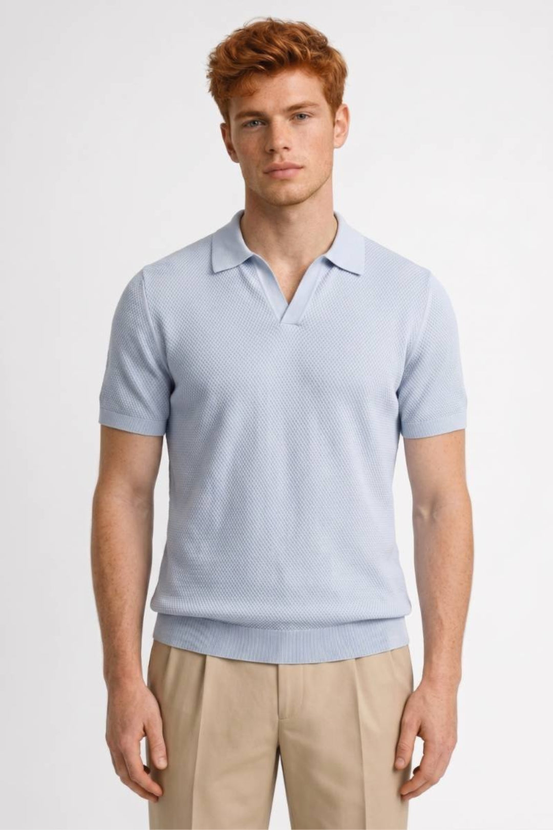 Men's Polo Shirt - Textured Knit with Classic Collar - Sky Blue