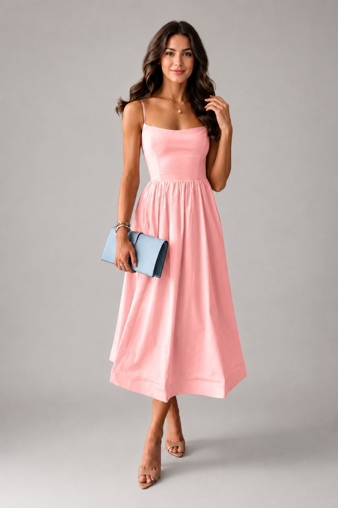 Stylish women's dress with a flared cut | Sky-blue midi dress with thin straps