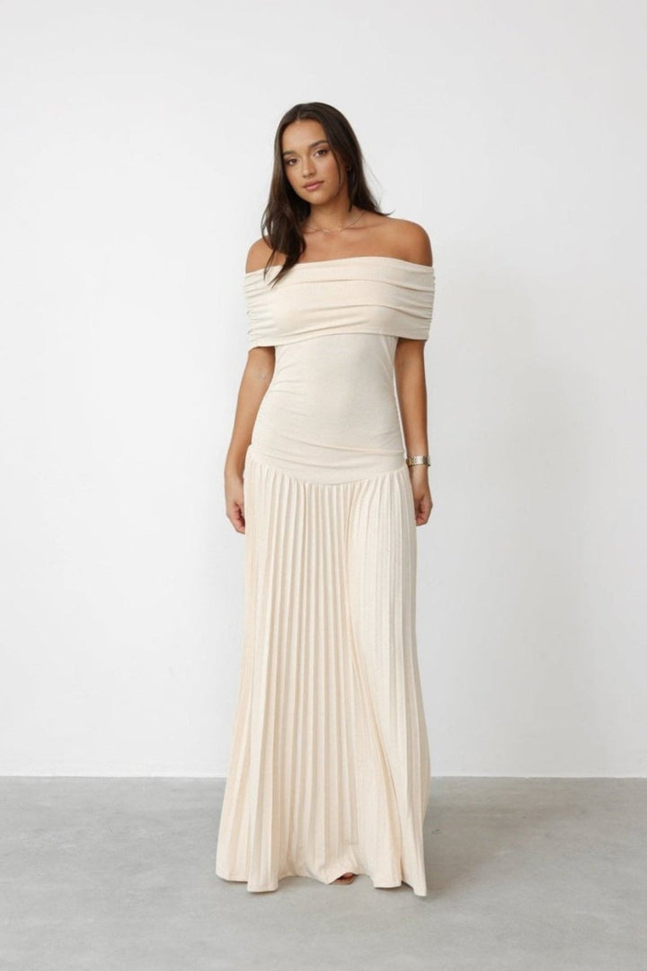 Women's Elegant Bodycon Dress – Off-Shoulder, Long Pleated Skirt, Wedding Guest Dress