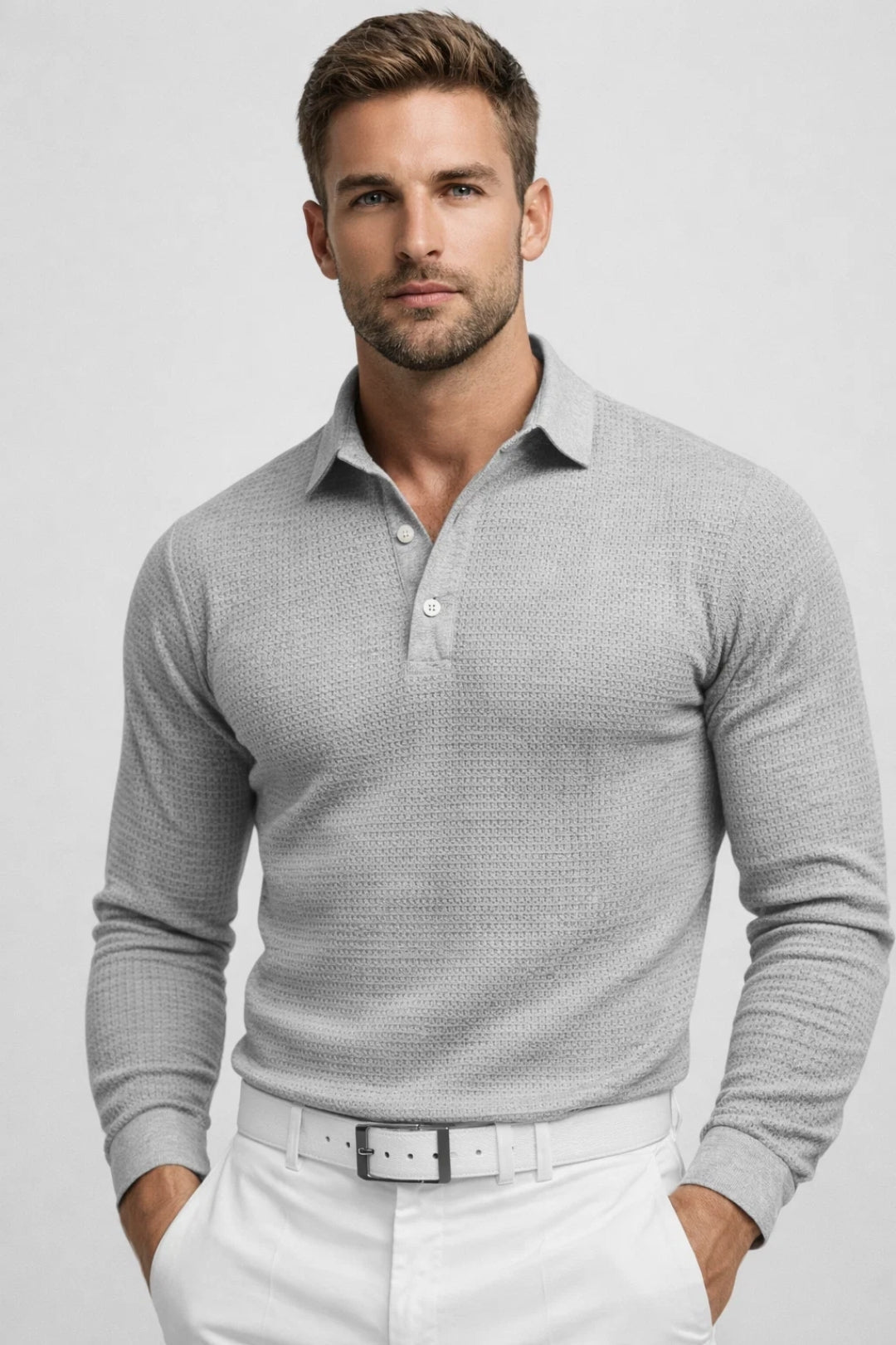 Men's Polo Shirt - Long Sleeve Waffle Knit - Light Grey