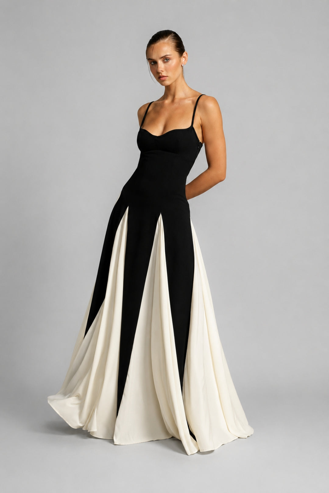 Women's Black & White Color Block Maxi Dress | Thin Straps, Fit & Flare