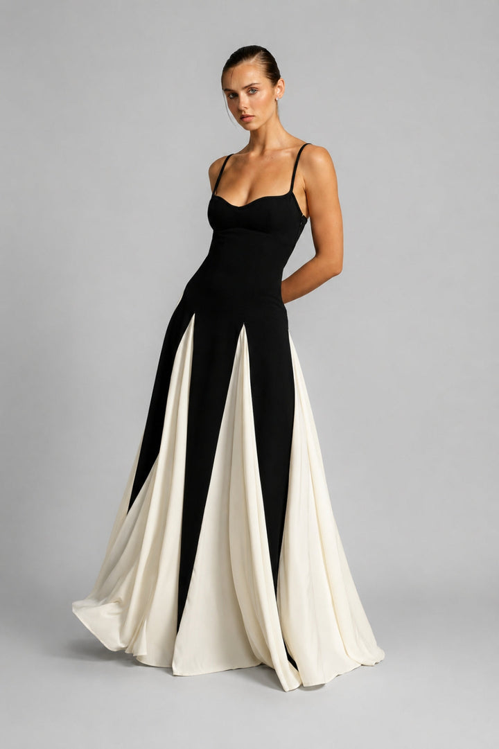 Women's Black & White Color Block Maxi Dress | Thin Straps, Fit & Flare