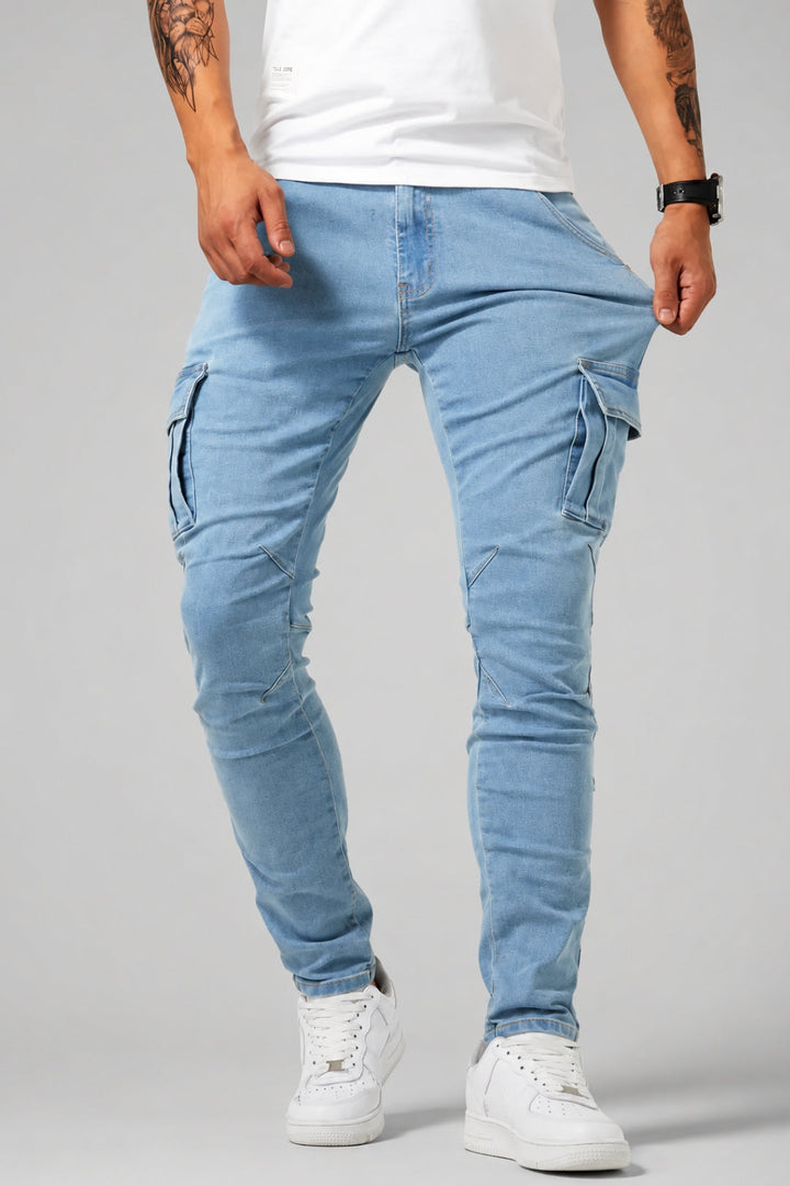 Men's Cargo Jeans - Slim Fit with Stretch - Multi-Pocket Casual Denim