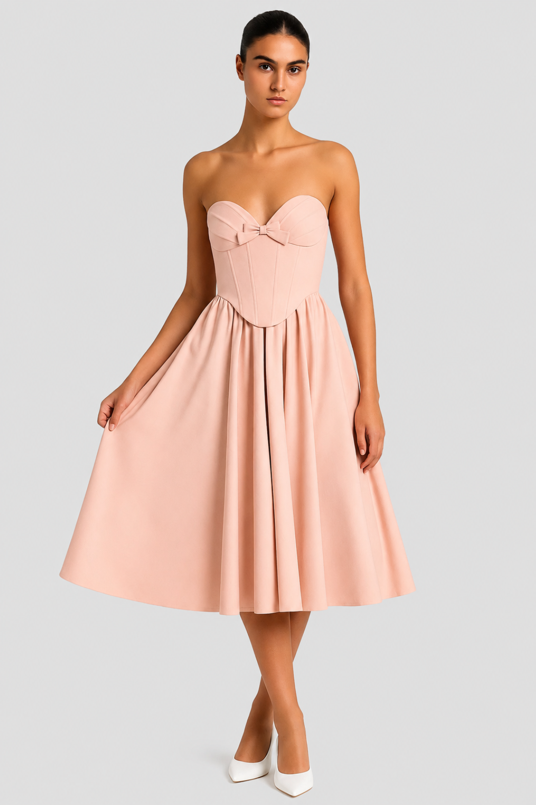Women's midi dress with a flared cut | Bustier with a bow, strapless, chic style for festive occasions