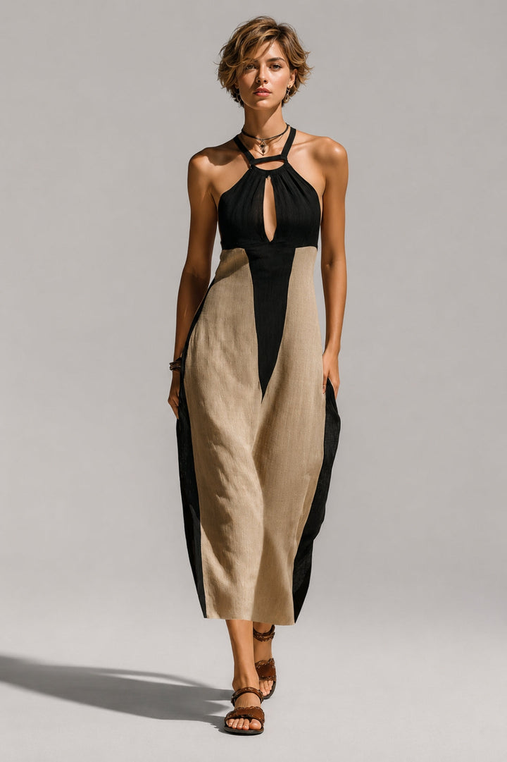 Women's Bodycon Maxi Dress | Halter Neck, Front Cutout, Linen-Look Contrast