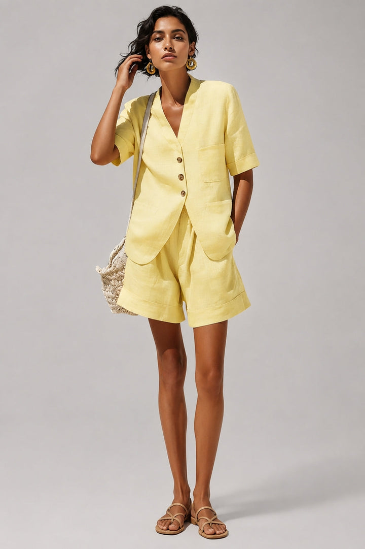 Women's Linen Two-Piece Set – Button-Front Blazer Jacket & High-Waist Shorts, Summer Outfit