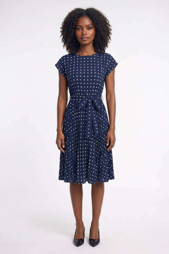 Women's Navy Blue Midi Dress - Polka Dot Print - Elegant Fitted Waist