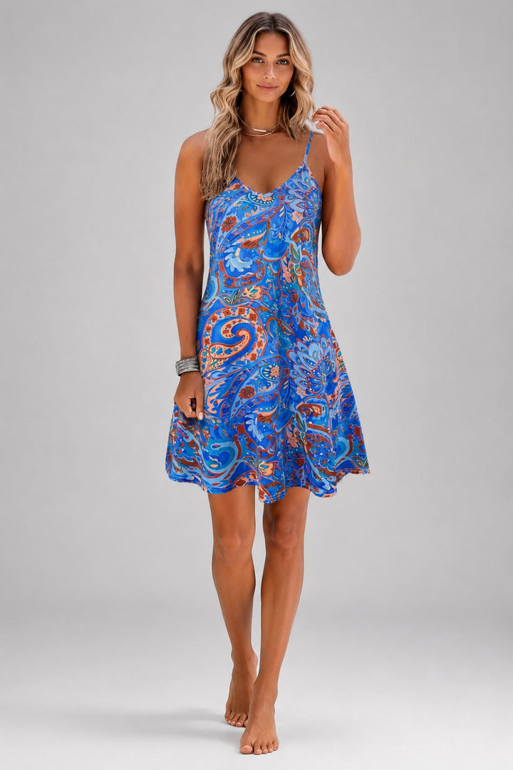 Women's Boho Red Mini Dress | Floral Print, V-Neck, Thin Straps