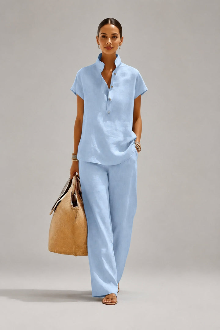 Women's set with a flowing silhouette | Top with a Mao collar, matching pants, chic linen-look fabric