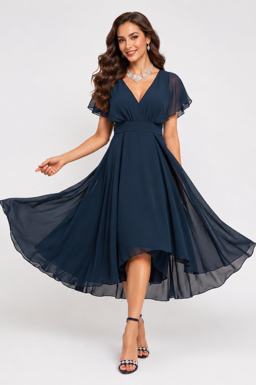 Flowy Women's Dress | V-neck with voile | Short sleeves | Asymmetrical hem | Wedding guests