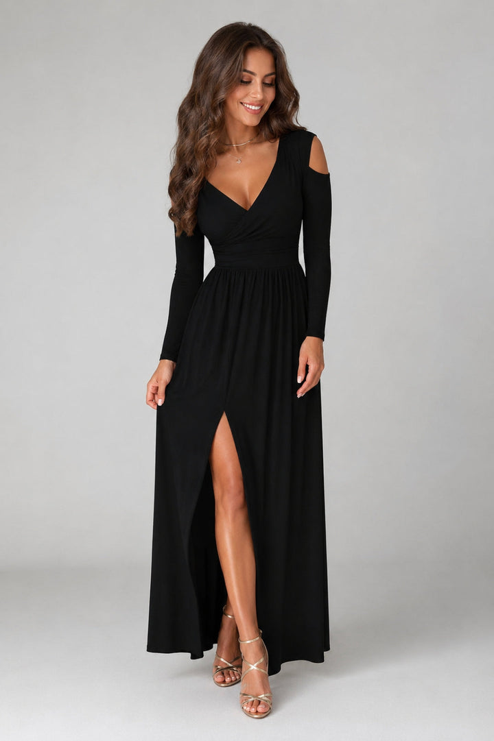 Women's Elegant Summer Maxi Dress - Flowy V-Neck Wrap Style with Long Sleeves & Side Slit