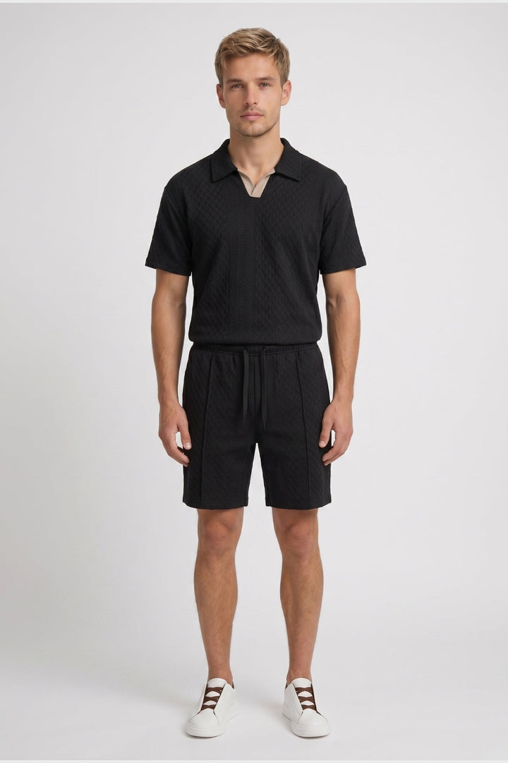 Men's 2 Piece Set - Textured Short Sleeve Polo Shirt & Matching Shorts - Casual Chic Outfit