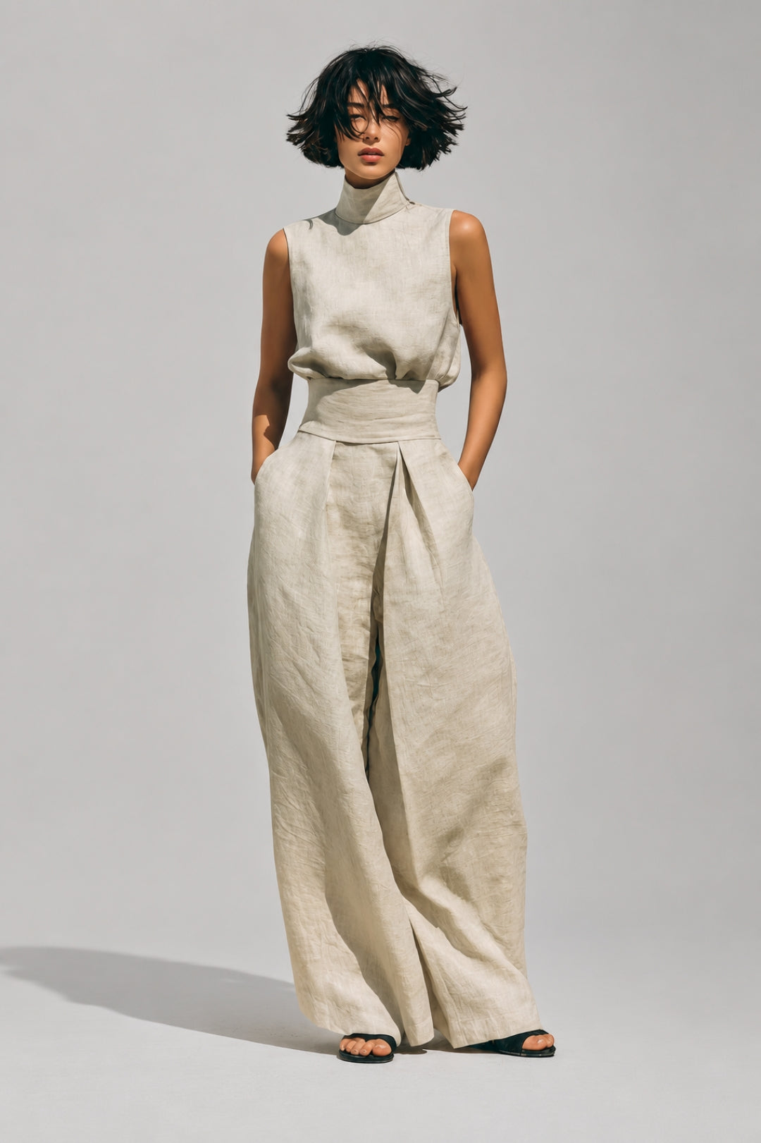 Women's Set with a Flowing Silhouette | Sleeveless Top with a Turtleneck and Wide-Leg Palazzo Pants