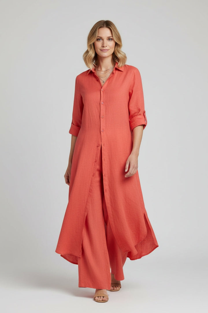Women's Linen-Look Two-Piece Set | Long Shirt Dress & Matching Pants