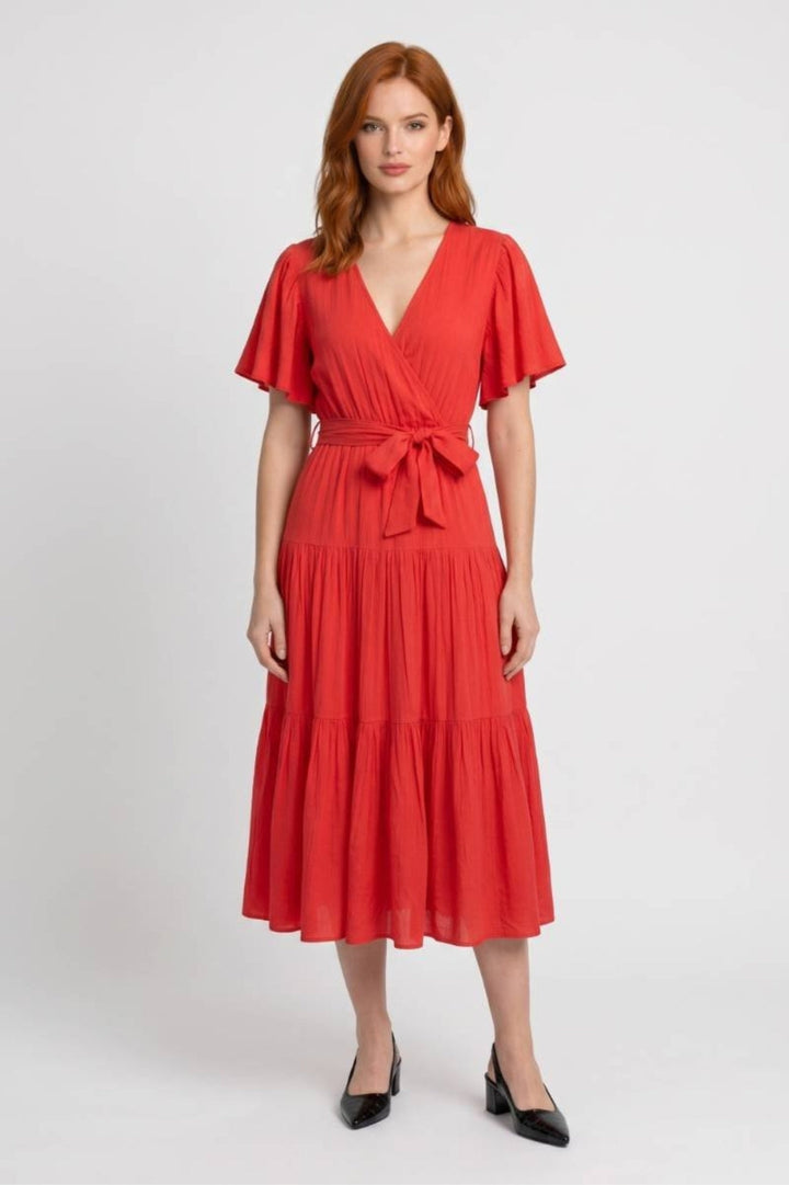 Women’s Midi Dress | Wrap Neckline & Tie Belt | Coral Red