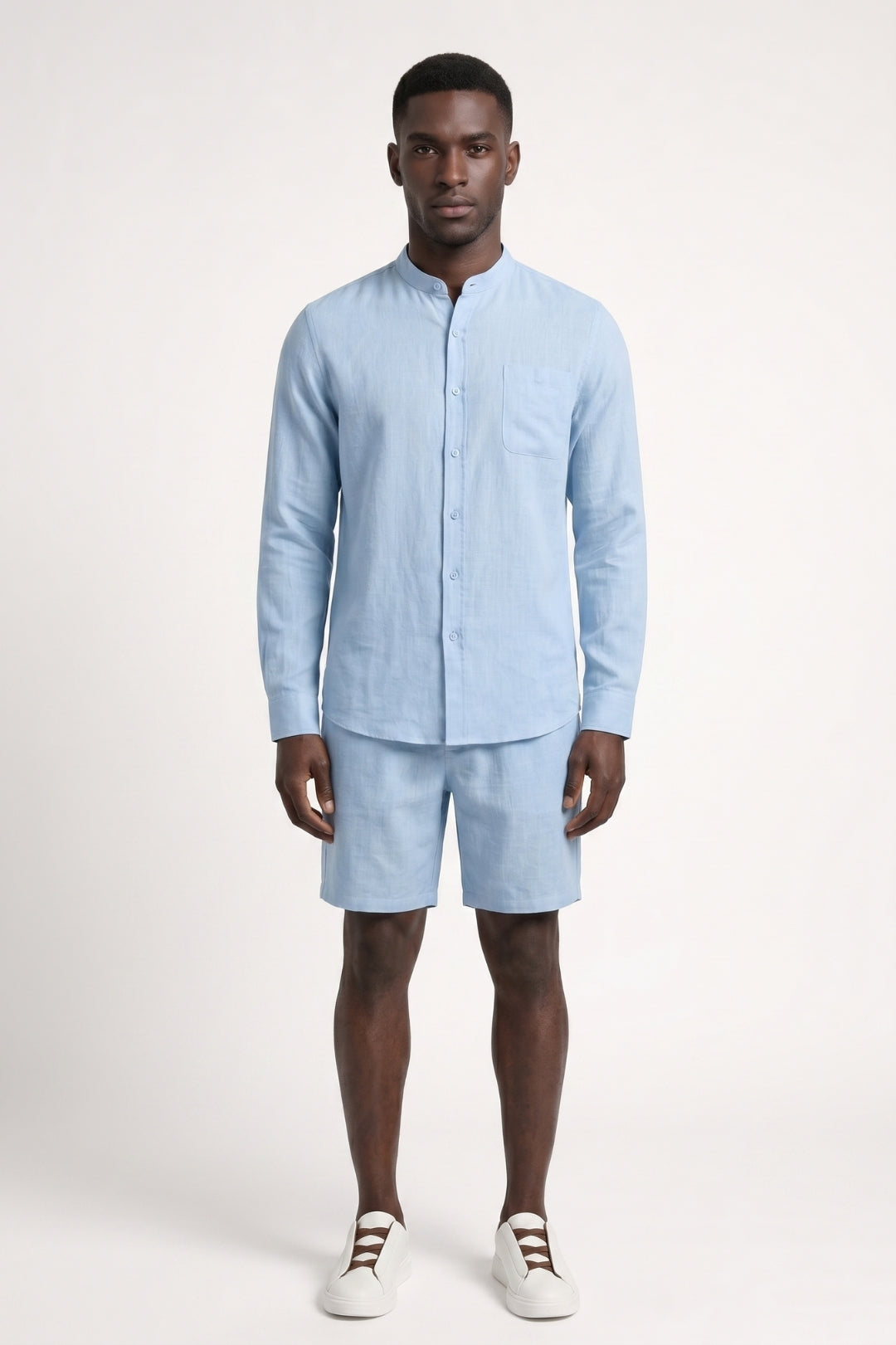 Men's Set, Relaxed Fit | Light Blue Shirt with Button-Down Collar and Matching Shorts