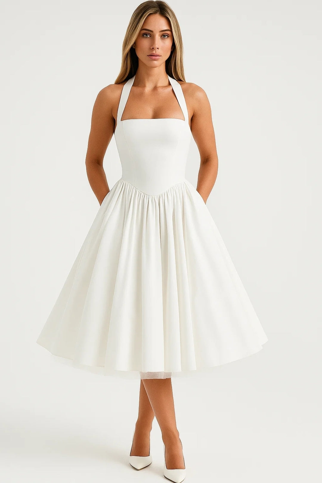 Women's Short Summer Evening Dress | White | Accented Waist | Festive and Elegant