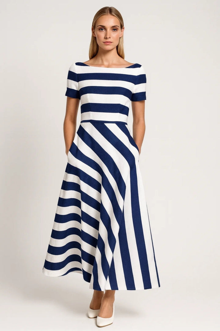 Women’s Midi Dress | Striped & Short Sleeves | Navy Blue & White