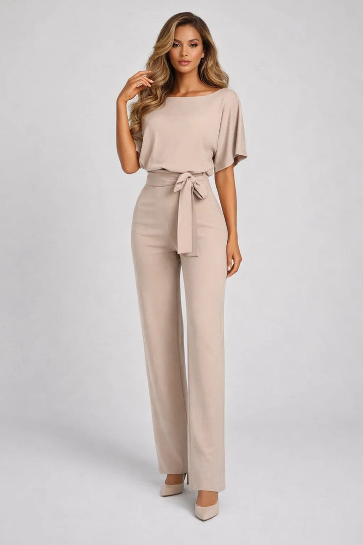 Women's Jumpsuit | Wide Leg & Tie Belt | Beige