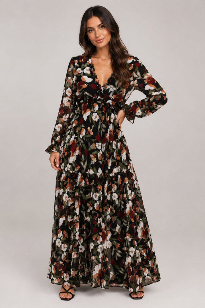 Women's Boho Floral Maxi Dress | Long Sleeve, V-Neck | Wedding Guest