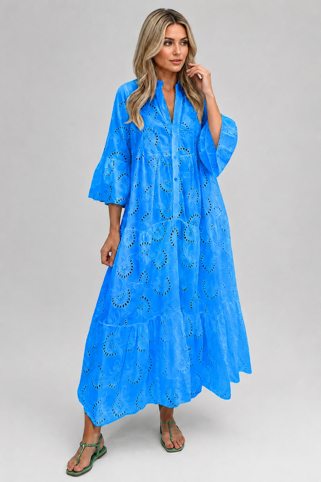 Women's Boho Summer Maxi Dress – Loose Fit, Crochet Embroidery, Button V-Neck