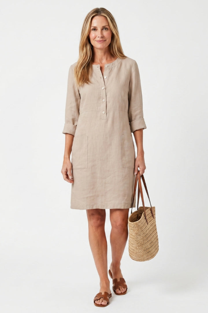 Women's Straight Cut Midi Dress - 3/4 Sleeve Linen Boho Dress with Side Pockets