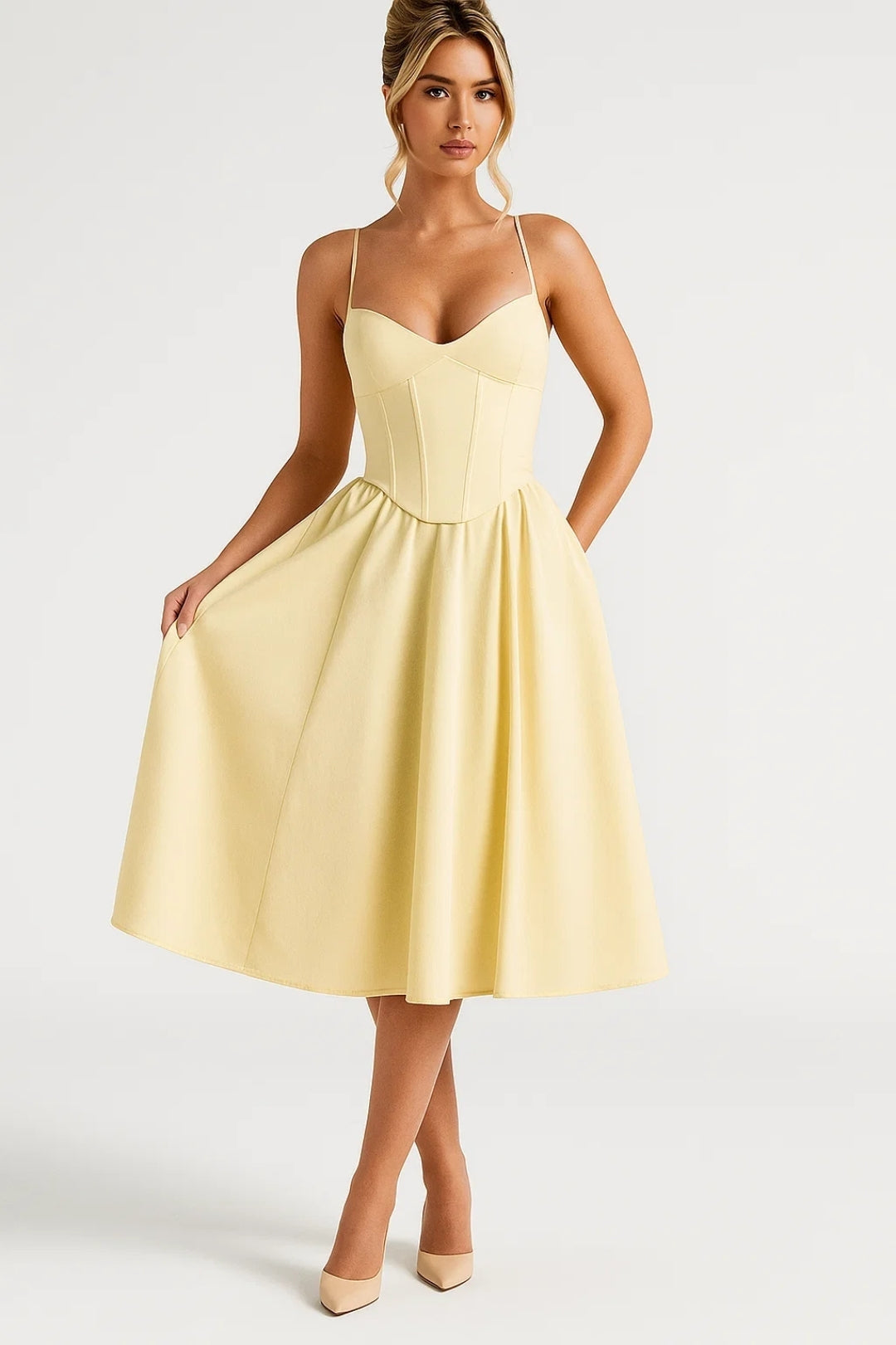 Women's Summer Midi Dress | Pastel Yellow | Accented Waist | Elegant & Feminine