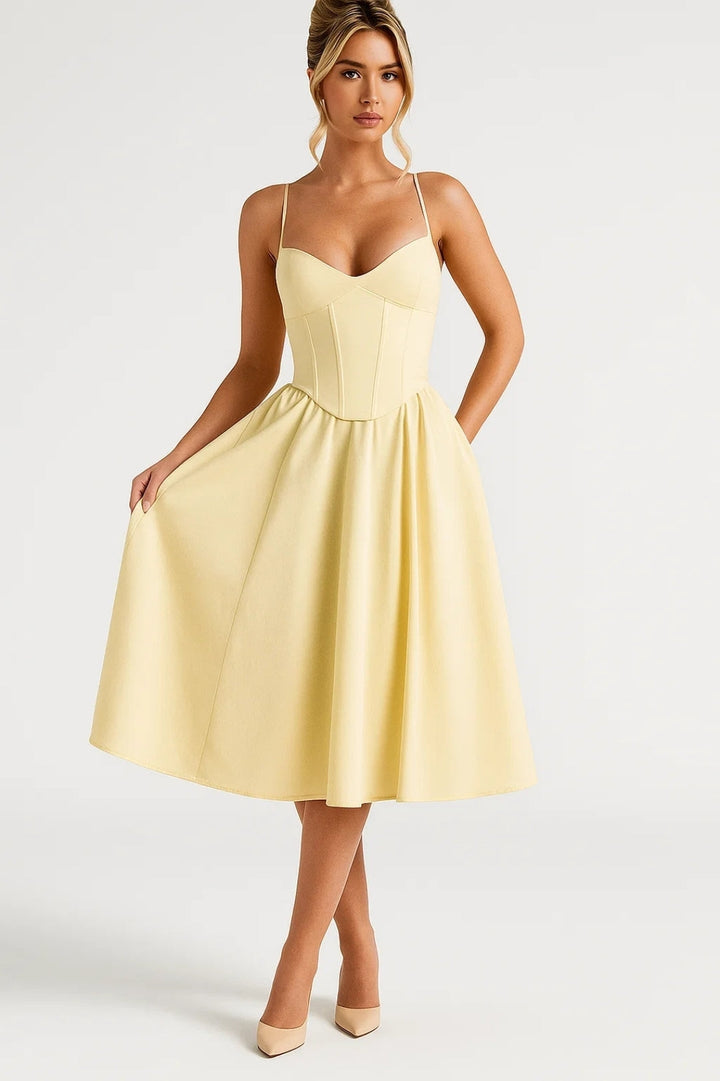 Women's Summer Midi Dress | Pastel Yellow | Accented Waist | Elegant & Feminine