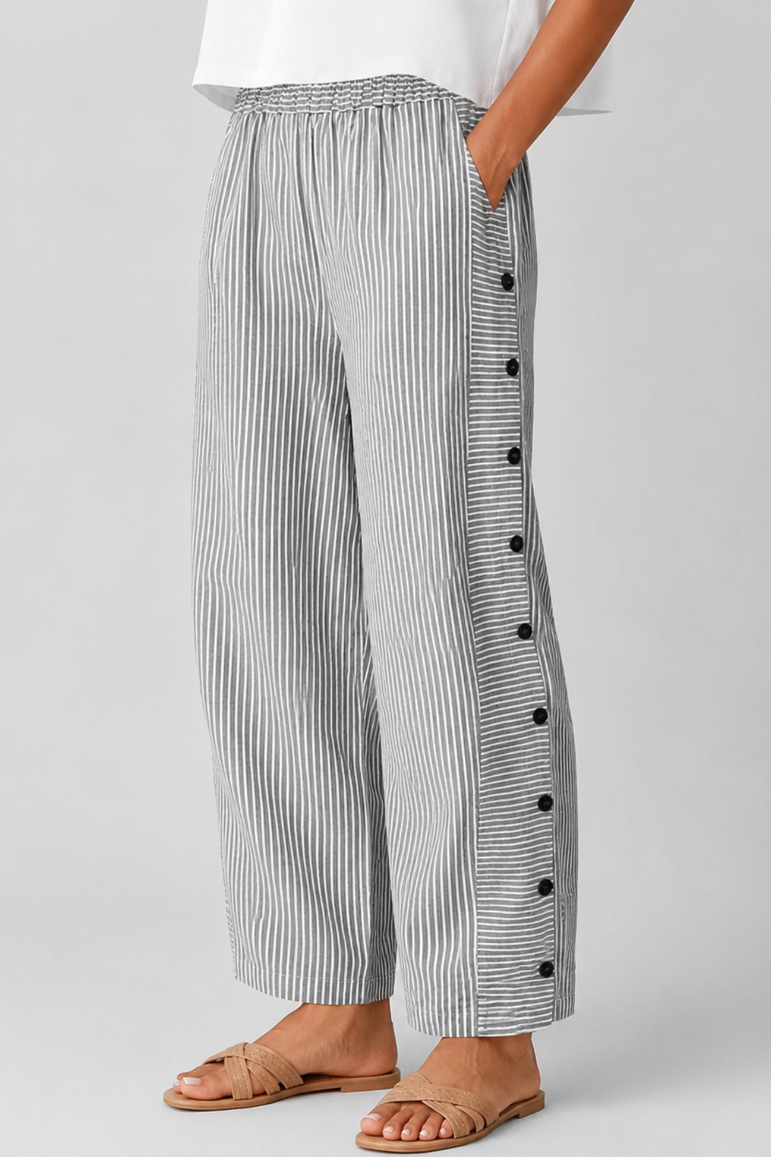 Women's Striped Linen Pants | Flowy Fit, Side Button Detail
