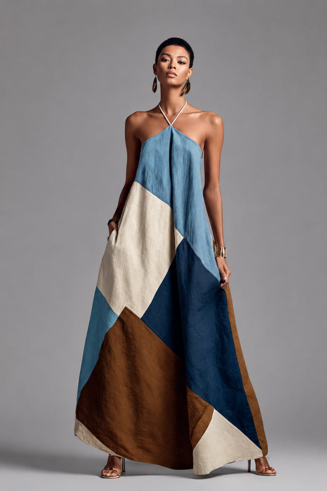 Women's Sleeveless Maxi Dress | Halter Neck, Contrast Panels