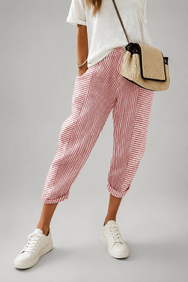 Women's linen pants with stripes and a trendy, close-fitting ankle cut