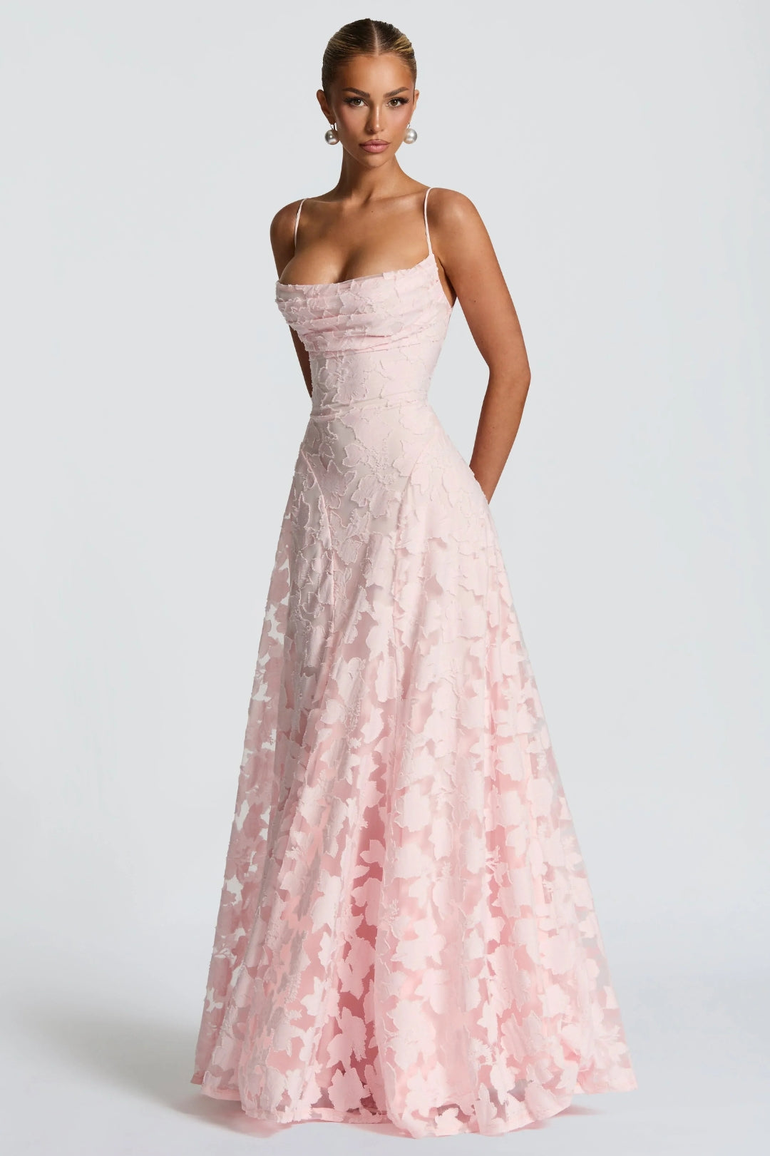 Women's Pink A-Line Maxi Dress | Thin Straps, Floral Appliqué
