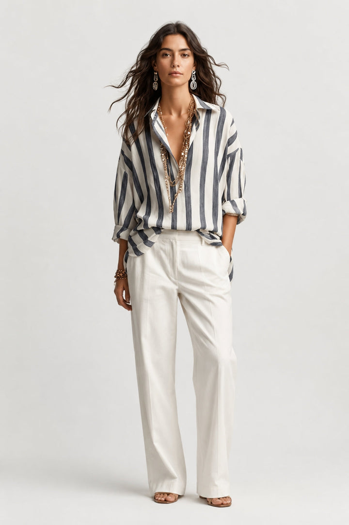 Stylish oversized linen blouse for women with a shirt collar and a striped pattern
